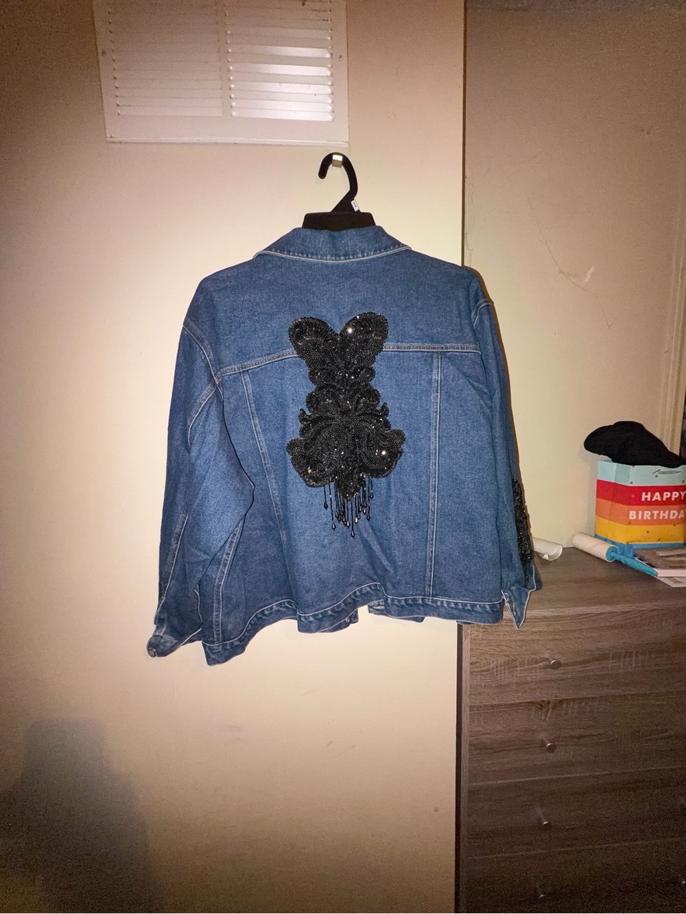Embellished Blue Denim Jacket with Black Beaded Appliqué